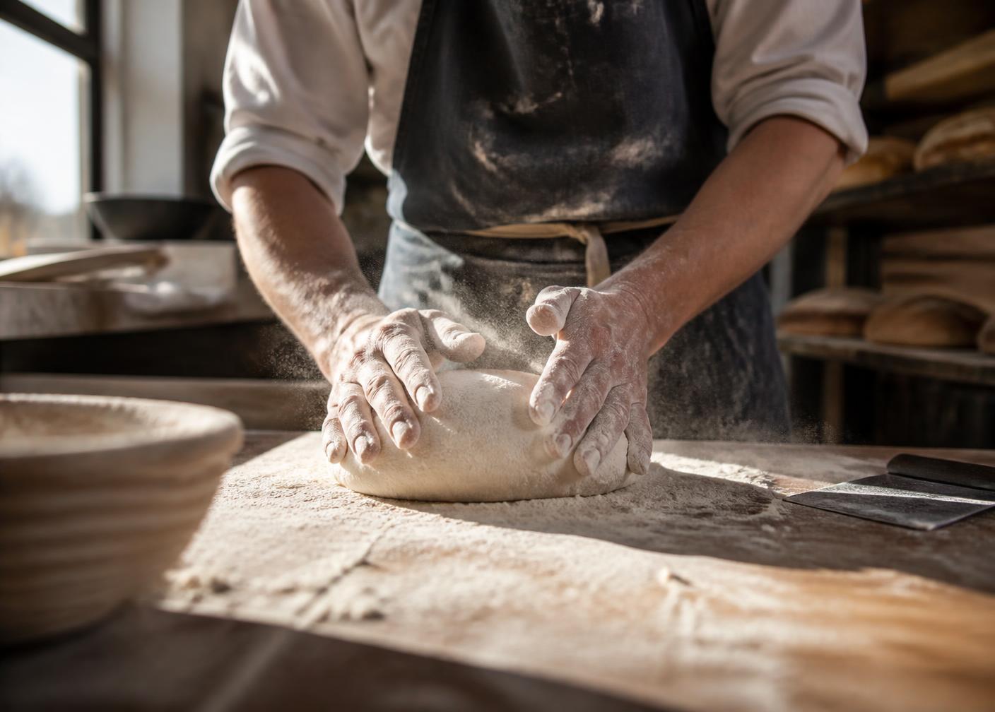 Artisan boulanger façonnant la pâte sur un plan de travail fariné